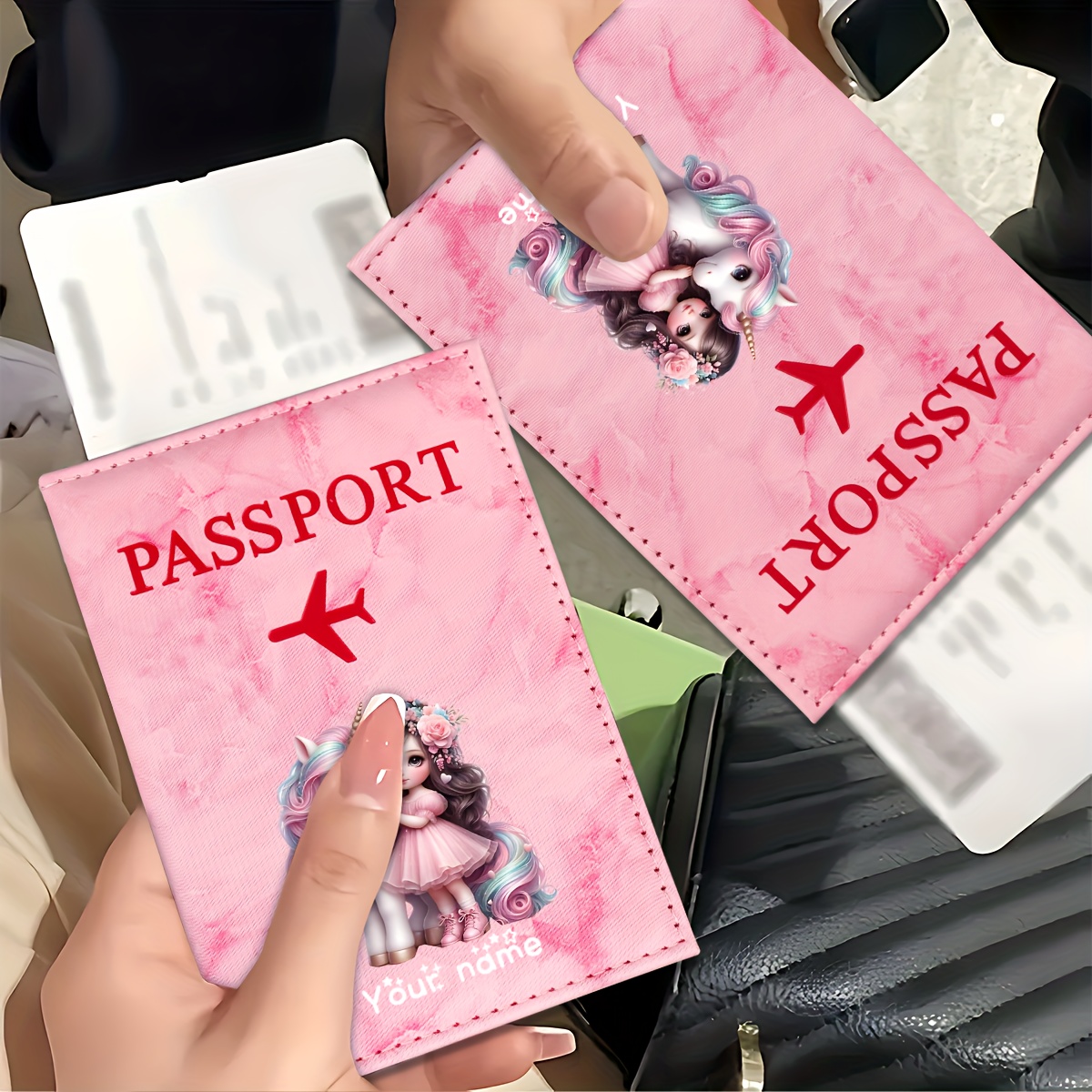 Travel Accessories Personalised - ユニコーンガールパターン PU パスポートホルダー ゴールデン飛行機アイコン付き カードスロット トラベルウォレット