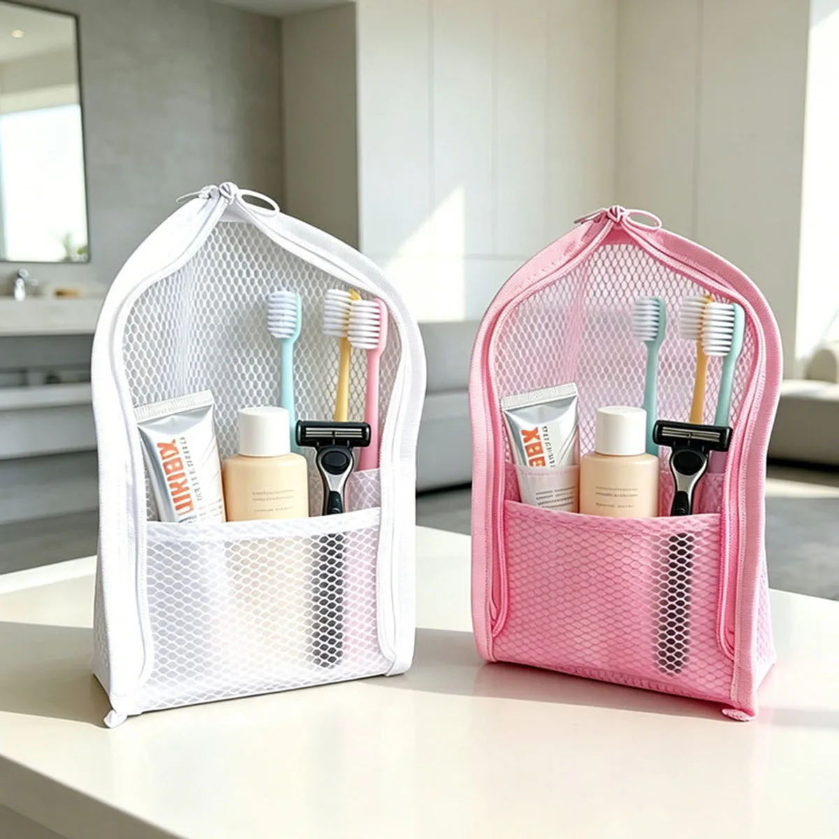 Travel Accessories Organizer Bag - 旅行用メッシュ製トイレタリーバッグ - 通気性・速乾性・防カビ性のある化粧品オーガナイザー（歯ブラシケース付き）
