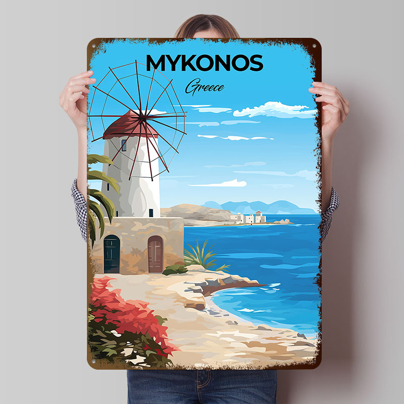 Travel Accessories Greece - ミコノスギリシャ旅行ポスターカスタマイズされたヴィンテージメタルサインウォールアートレトロブリキプラークルームアクセサリー寝室の装飾用