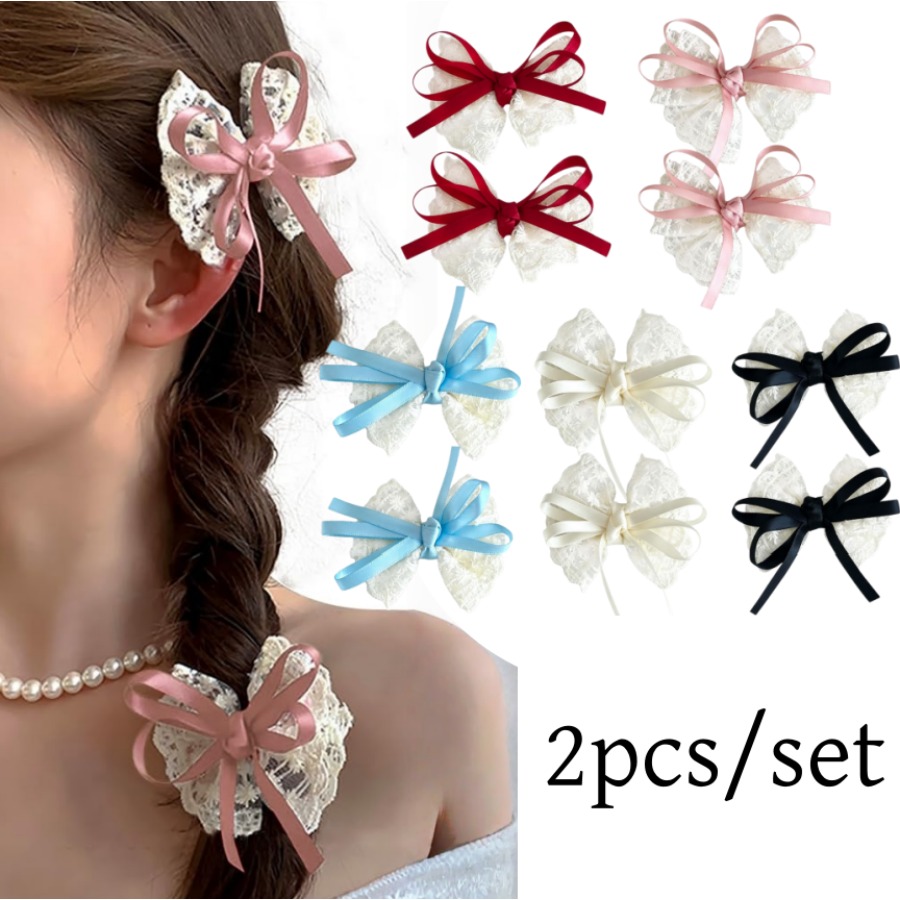 Travel Accessories In Bulk - 2 ピース/セットかわいいレースの弓ヘアクリップ甘い刺繍リボンヘアピン旅行カジュアルファッション手作りヘアアクセサリー女の子子供用