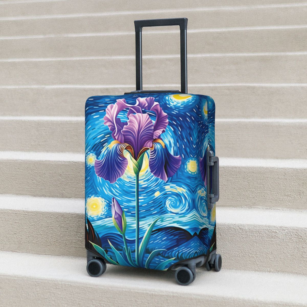 Travel Van Accessories - アイリスとゴッホの星月夜の背景が描かれたスーツケースカバー ホリデートラベル用伸縮性のある荷物ケース保護カバー