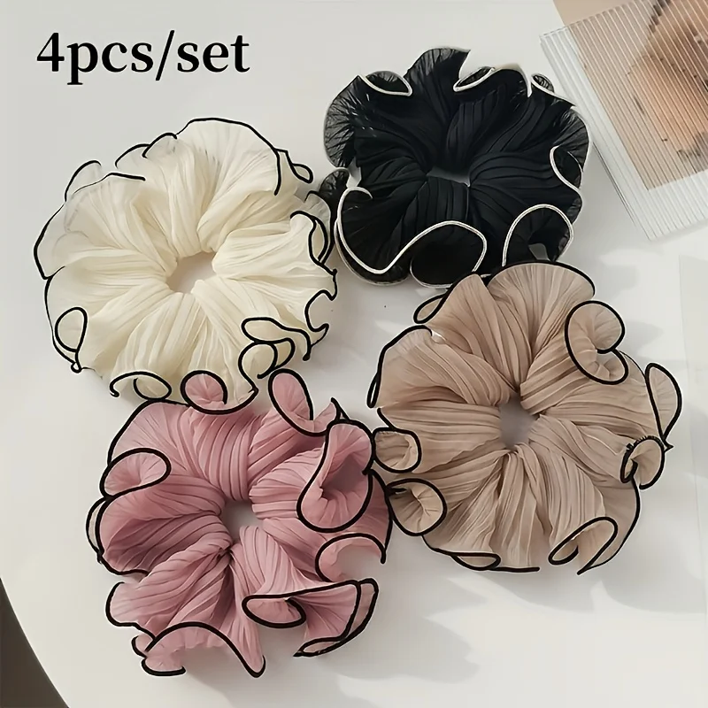 Travel Accessories In Bulk - 4個/セット エレガントなフリンジ付きファブリックシュシュ - ソリッドシフォン、フリル/チュール/リボンスタイル、マルチカラーのデイリーヘアアクセサリー