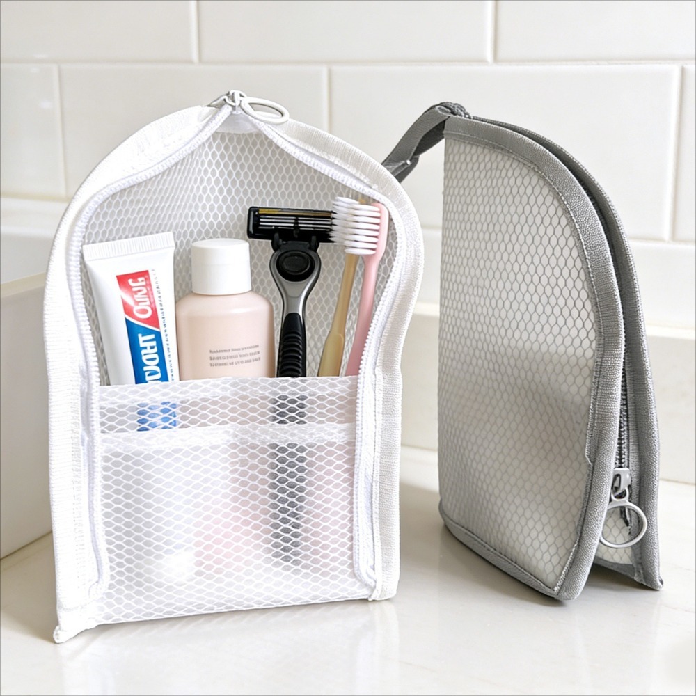 Travel Accessories Organizer Bag - メッシュトイレタリーバッグ 通気性 速乾性 縦型歯ブラシホルダー 化粧品オーガナイザー 旅行