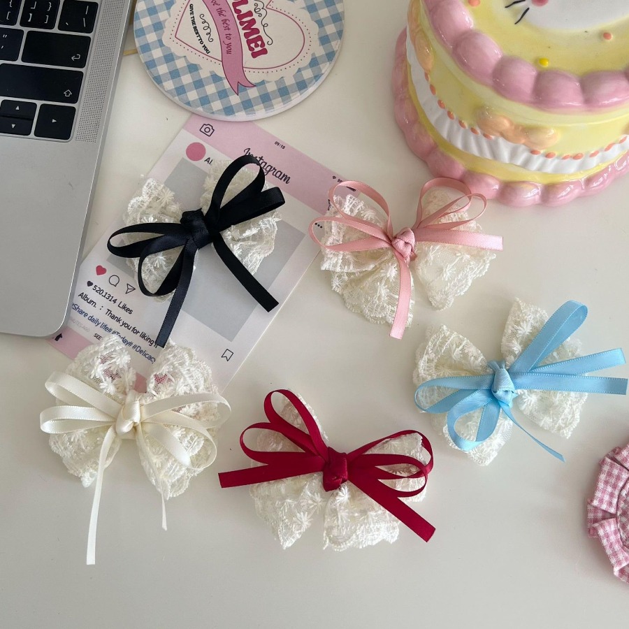 2 ピース/セットかわいいレースの弓ヘアクリップ甘い刺繍リボ - Travel Accessories In Bulk のレビューと価格